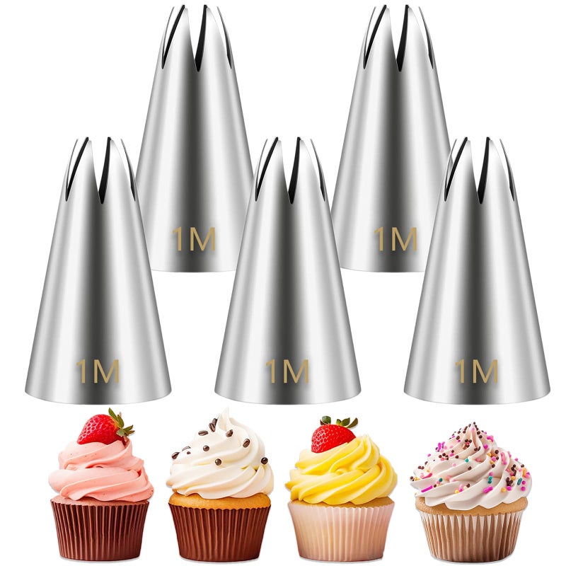 Suuker 1M Piping Tips, Stainless Steel Large Star Piping Tips Set, Cupcake Pastry Tips for Cookie and Cake Decorating, DIY Cream, 5 Pieces - Image 1