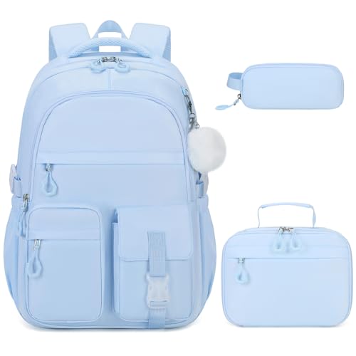 DIGOBAY 3PCS Girls Backpack for School Kids Backpack for Girls with Lunch Bag Pencil Case Kids Bookbag Teen Girl Backpacks for Elementary Middle High College School Blue - Image 1