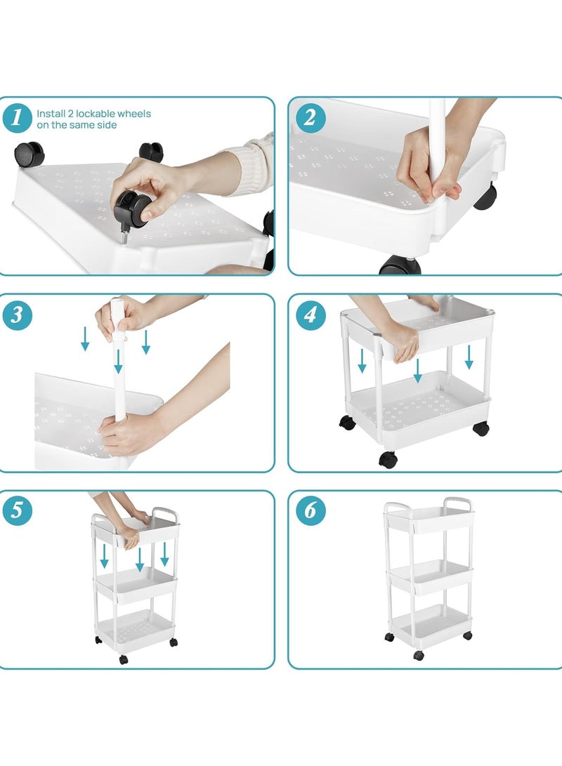 Rolling Cart with Lockable Wheels,Multifunctional Storage Shelves with Handle, Mobile Shelving Unit Cart Kitchen Storage Organizer for Bathroom,Laundry,Living Room (White, 3-Tier) - Image 5