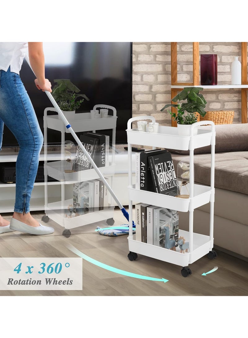 Rolling Cart with Lockable Wheels,Multifunctional Storage Shelves with Handle, Mobile Shelving Unit Cart Kitchen Storage Organizer for Bathroom,Laundry,Living Room (White, 3-Tier) - Image 3