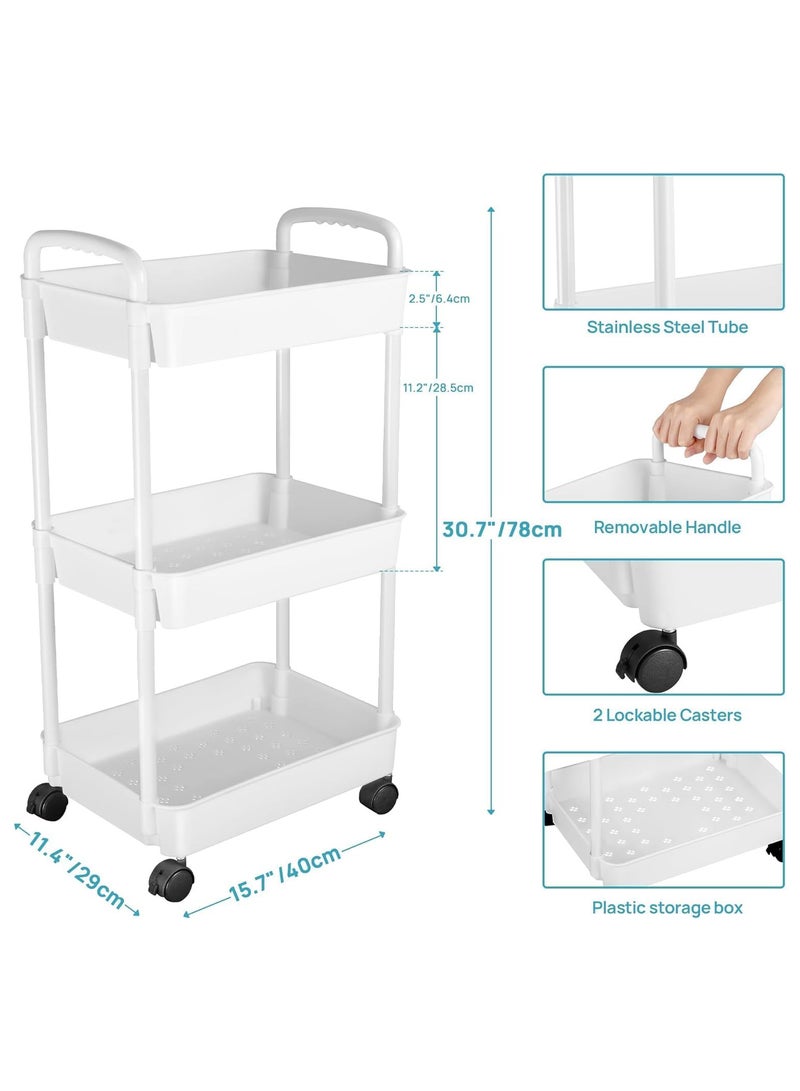Rolling Cart with Lockable Wheels,Multifunctional Storage Shelves with Handle, Mobile Shelving Unit Cart Kitchen Storage Organizer for Bathroom,Laundry,Living Room (White, 3-Tier) - Image 4