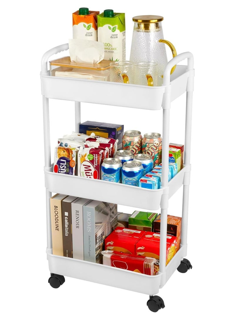 Rolling Cart with Lockable Wheels,Multifunctional Storage Shelves with Handle, Mobile Shelving Unit Cart Kitchen Storage Organizer for Bathroom,Laundry,Living Room (White, 3-Tier) - Image 1