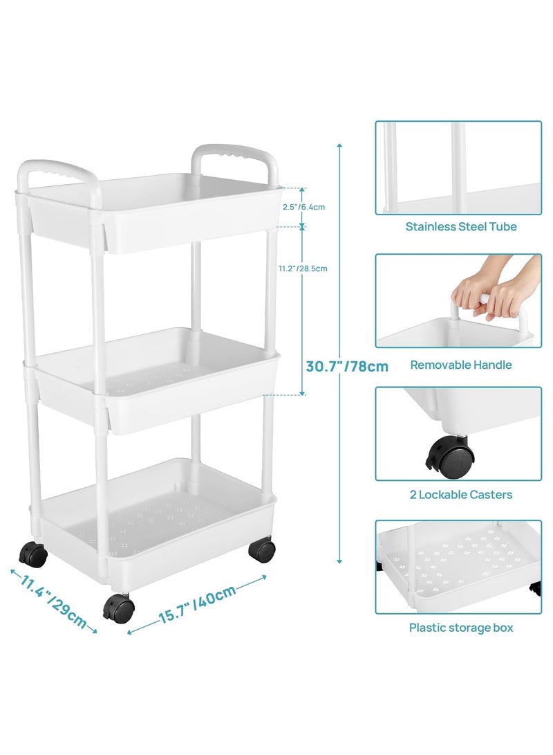 Rolling Cart with Lockable Wheels,Multifunctional Storage Shelves with Handle, Mobile Shelving Unit Cart Kitchen Storage Organizer for Bathroom,Laundry,Living Room (White, 3-Tier) - Image 2