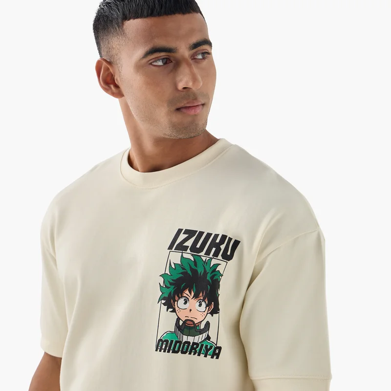 SP Characters Izuku Midoriya Print Crew Neck T-shirt with Short Sleeves