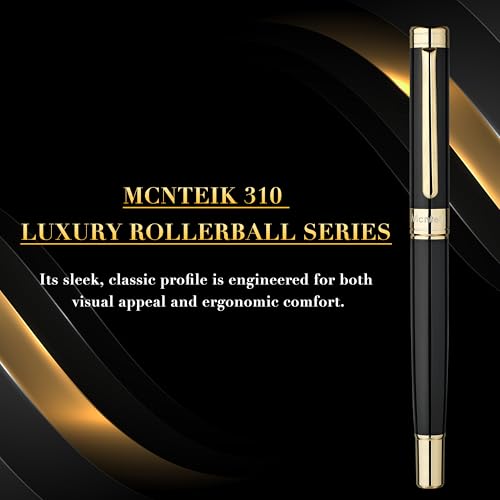 MCNTEIK Black Lacquer Rollerball Pen - Stunning Luxury Pen, 24K Gold Plating, Schmidt Refill, Precision Flow Ink, Best Roller Ball Gift Set for Men & Women, Professional, Executive Fancy, Nice Pens - Image 3