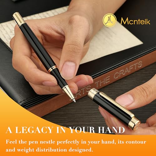 MCNTEIK Black Lacquer Rollerball Pen - Stunning Luxury Pen, 24K Gold Plating, Schmidt Refill, Precision Flow Ink, Best Roller Ball Gift Set for Men & Women, Professional, Executive Fancy, Nice Pens - Image 4