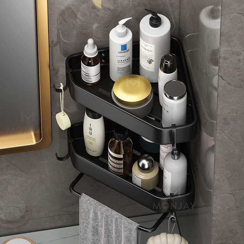 MONJAY Self-Adhesive Aluminium Bathroom Corner Shelf Rack Bathroom Corner Organizer Stand Bathroom Organisers Storage Racks Bathroom Shelf/Shelves Corner (King) - Image 3