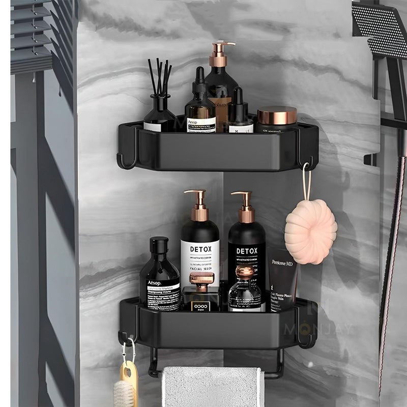 MONJAY Self-Adhesive Aluminium Bathroom Corner Shelf Rack Bathroom Corner Organizer Stand Bathroom Organisers Storage Racks Bathroom Shelf/Shelves Corner (King) - Image 1