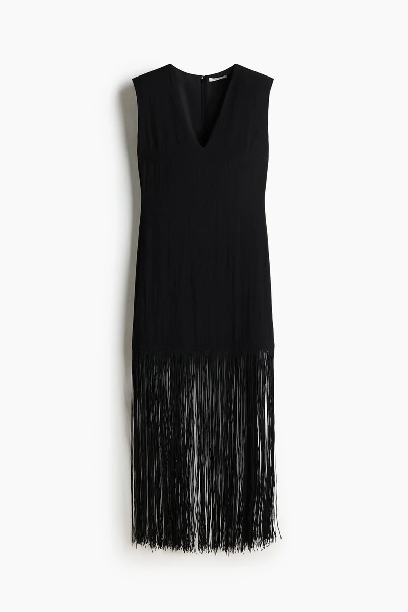 Fringed shoulder-pad dress