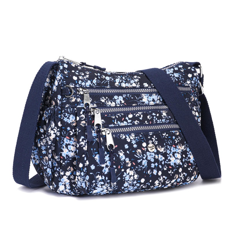 AOCINA Crossbody Bags for Women Multi Pocket Nylon Lightweight Ladies Purses Messenger Shoulder Handbags Satchel Travel Bag (Blue Florals) - Image 1