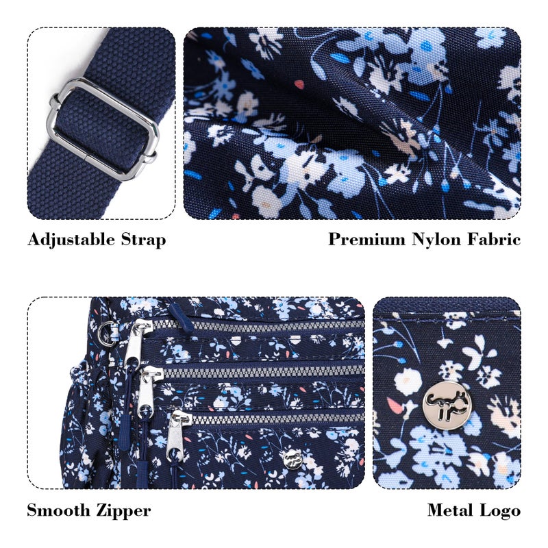 AOCINA Crossbody Bags for Women Multi Pocket Nylon Lightweight Ladies Purses Messenger Shoulder Handbags Satchel Travel Bag (Blue Florals) - Image 5