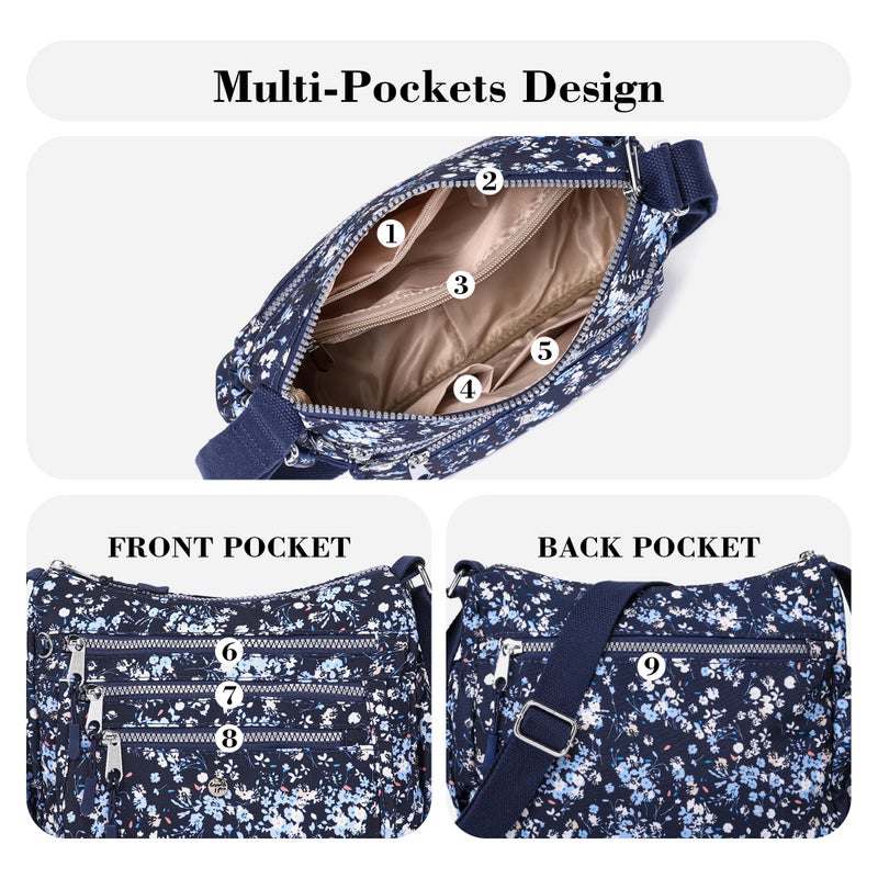 AOCINA Crossbody Bags for Women Multi Pocket Nylon Lightweight Ladies Purses Messenger Shoulder Handbags Satchel Travel Bag (Blue Florals) - Image 4
