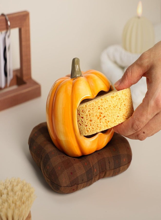 WAIT FLY Ceramic Pumpkin Sponge Holder for Kitchen Sink Counter, Sponge Dish Rack, Compact Sink Caddy Organizer - Image 4