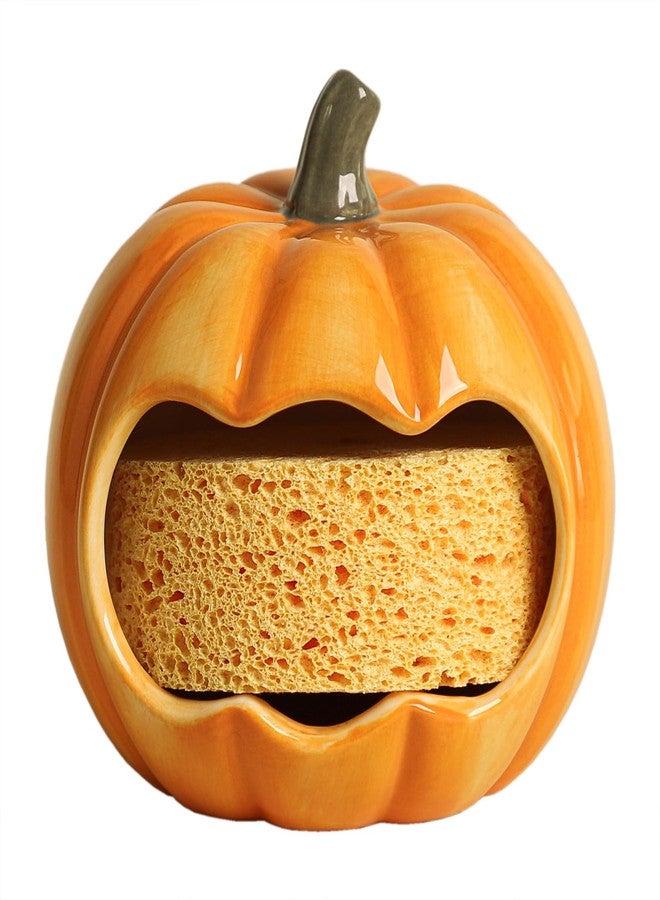 WAIT FLY Ceramic Pumpkin Sponge Holder for Kitchen Sink Counter, Sponge Dish Rack, Compact Sink Caddy Organizer - Image 1