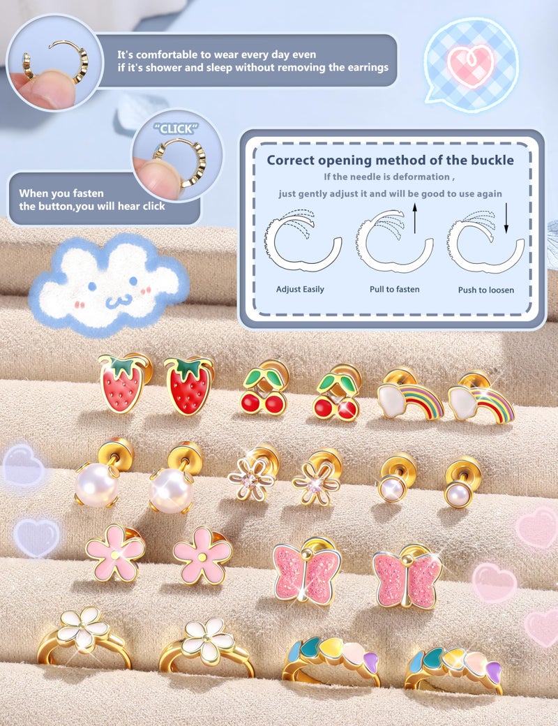 SAILIMUE Hypoallergenic Flat Back Earrings for Girls Women Surgical Steel Earrings for Sensitive Ears Women Cute Butterfly Flower Stud Earring Set for Teen Girls Kids Toddler Baby Jewelry Gifts - Image 3