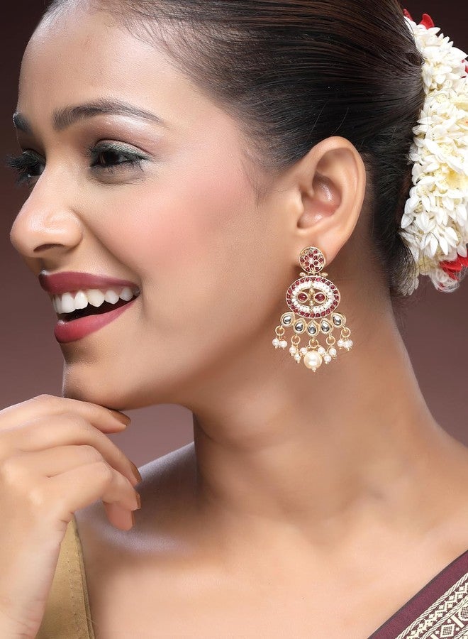 ADIVA Antique Gold-Plated Pink Sapphire Stone Studded Oval Stud with Textured Floral Design Earrings set for women, Traditional Stylish Jhumka for Girls Party, Wedding, Festive - Image 3