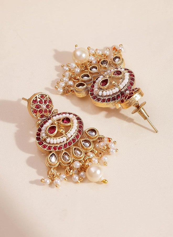 ADIVA Antique Gold-Plated Pink Sapphire Stone Studded Oval Stud with Textured Floral Design Earrings set for women, Traditional Stylish Jhumka for Girls Party, Wedding, Festive - Image 5