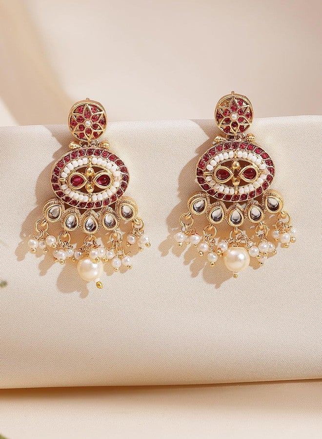 ADIVA Antique Gold-Plated Pink Sapphire Stone Studded Oval Stud with Textured Floral Design Earrings set for women, Traditional Stylish Jhumka for Girls Party, Wedding, Festive - Image 2