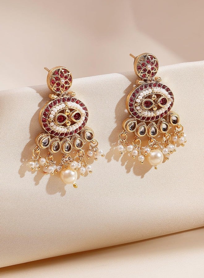 ADIVA Antique Gold-Plated Pink Sapphire Stone Studded Oval Stud with Textured Floral Design Earrings set for women, Traditional Stylish Jhumka for Girls Party, Wedding, Festive - Image 4