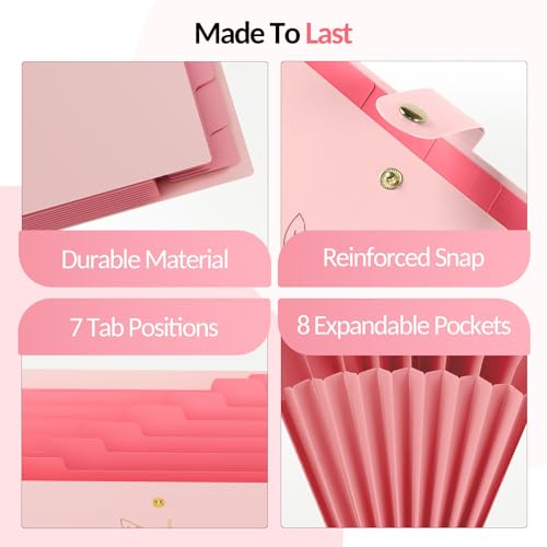 Sooez Aesthetic 8 Pocket Accordion File Organizer, Pastels Expanding File Folder for Important Document with Labels, Portable Receipt Bill Paper Organizer for Office School Supplies, Letter Size Pink - Image 3