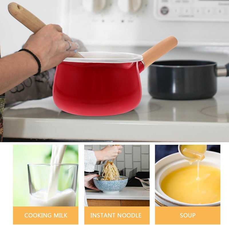 BETOOKY Enamel Small Saucepan 15cm Red Dual Spout Milk Pan Nonstick Butter Melting Pot for Stovetop Milk Heating and Food Cooking - Image 3