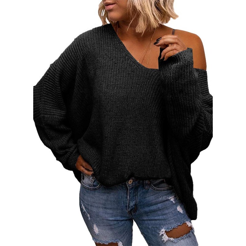 BZB Women's V Neck Long Sleeve Knit Loose Oversized Pullover Sweater Black - Image 2