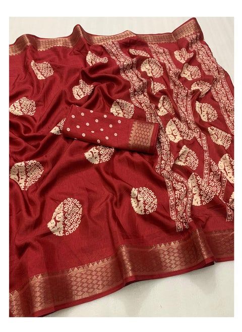 Soft Cotton Crape Batik Print Red Sari With Zari Woven Border Plus Unstitched Blouse