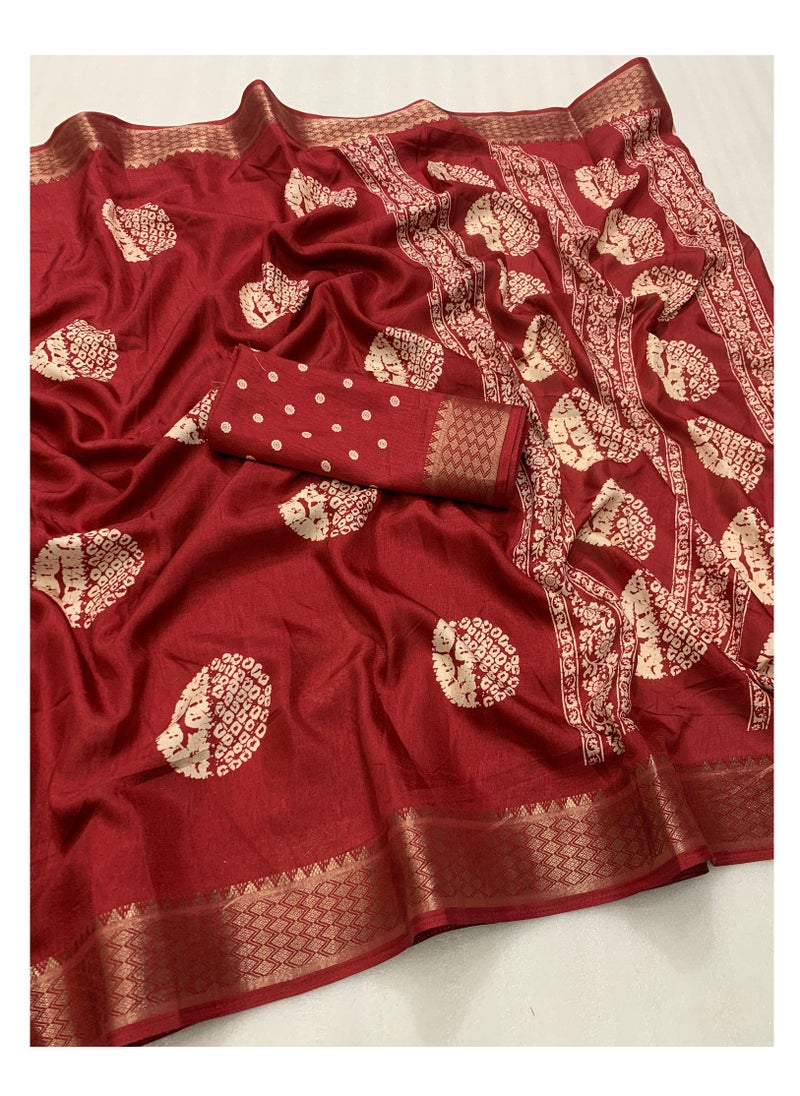 Grab Mantra Soft Cotton Crape Batik Print Red Sari With Zari Woven Border Plus Unstitched Blouse  - Image 1