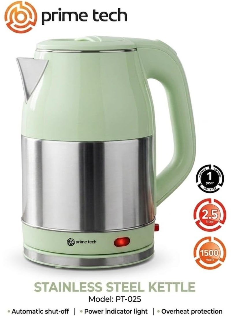 PRIME TECH Stainless Steel Electric Kettle 2.5L Capacity is a practical kettle that is perfect for quick hot drinks, stainless steel for long lasting durability and easy to clean (Green) - Image 2