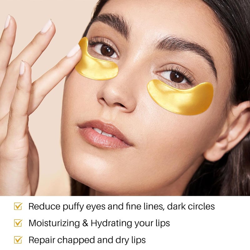 Reengull 40 Pairs 24K Gold Eye Masks Lip Masks Crystal Collagen Under Eye Patches for Puffy Eye Moisturizing Skin Care Lip Eyes Patches for Dark Circles Wrinkles and Fine Lines gold and peach red - Image 2