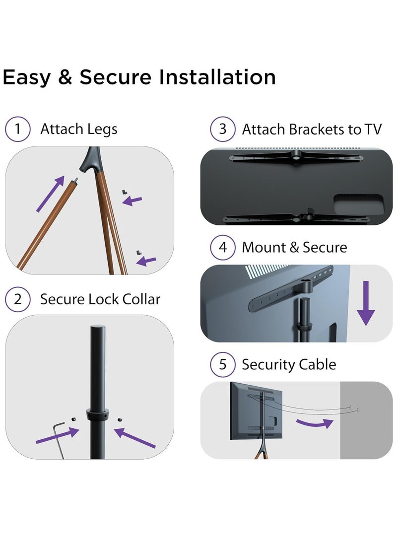 ELTRAZONE Adjustable TV Tripod Stand for 45-70'' LED/LCD/OLED Screens, 180° Swivel, Portable Floor Mount with Cable Ties, Stylish Brown Finish, 55lbs Capacity - Image 4