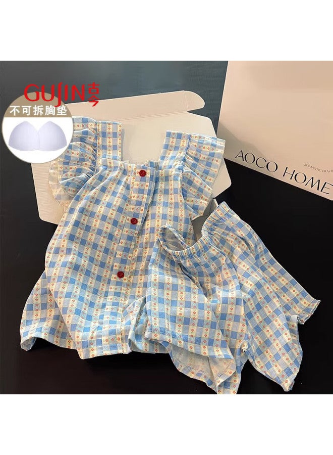 Gujin Summer New Women's Pajamas Cloud Cotton Sweet And Fresh Sleep Pants Home Wear Set L