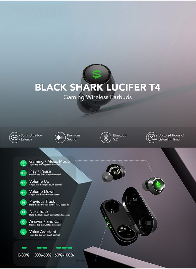 Lucifer T4, wireless earbuds, 45ms ultra-low latency, gaming Bluetooth headset with studio sound quality, Bluetooth 5.2, IPX5 waterproof, 24-hour listening time, microphone.