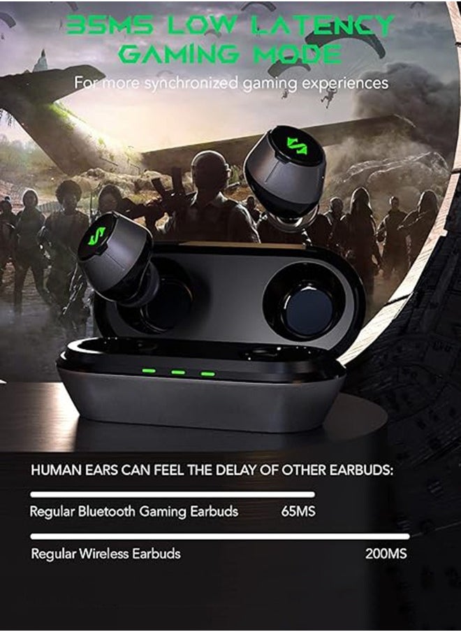 Lucifer T4, wireless earbuds, 45ms ultra-low latency, gaming Bluetooth headset with studio sound quality, Bluetooth 5.2, IPX5 waterproof, 24-hour listening time, microphone.