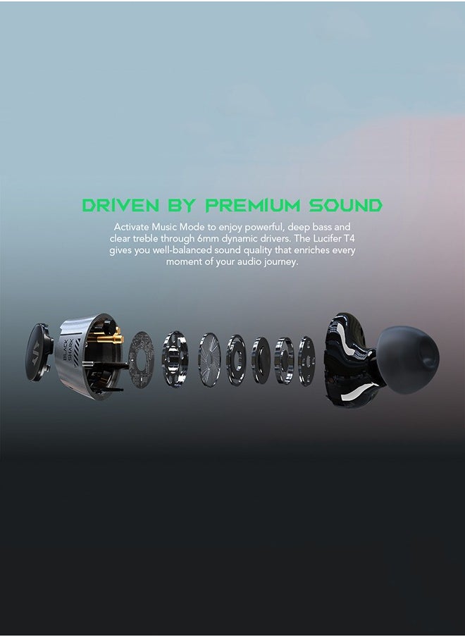 Lucifer T4, wireless earbuds, 45ms ultra-low latency, gaming Bluetooth headset with studio sound quality, Bluetooth 5.2, IPX5 waterproof, 24-hour listening time, microphone.