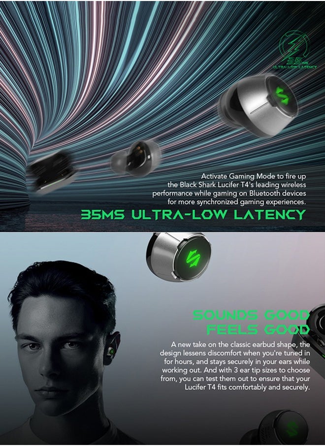Lucifer T4, wireless earbuds, 45ms ultra-low latency, gaming Bluetooth headset with studio sound quality, Bluetooth 5.2, IPX5 waterproof, 24-hour listening time, microphone.