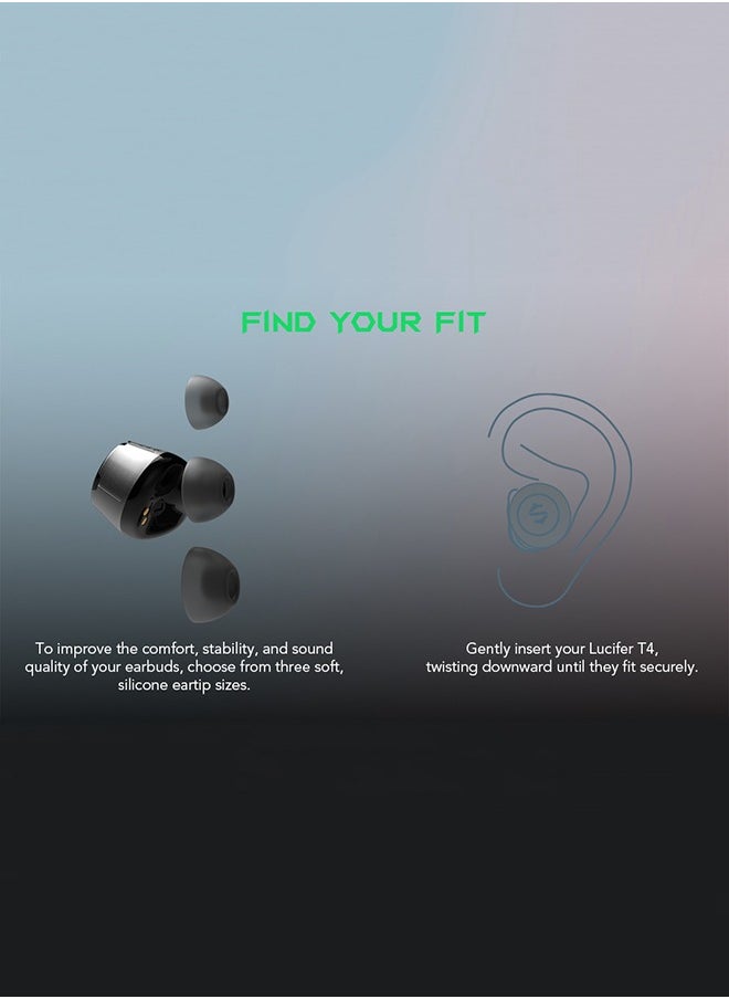 Lucifer T4, wireless earbuds, 45ms ultra-low latency, gaming Bluetooth headset with studio sound quality, Bluetooth 5.2, IPX5 waterproof, 24-hour listening time, microphone.