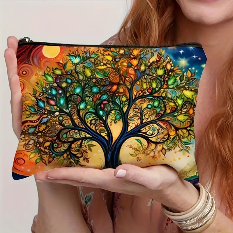 Tree Of Life Makeup Bag Cosmetic Organizer Vintage Cosmic Design With Earthy Tones And Bright Colors Compact Travel Toiletry Bag Spacious Interior For Makeup Skincare Gym Camping Durable Zipper Closure Ideal Gift For Nature Lovers Artistic Cosmetics Pouch - Image 1