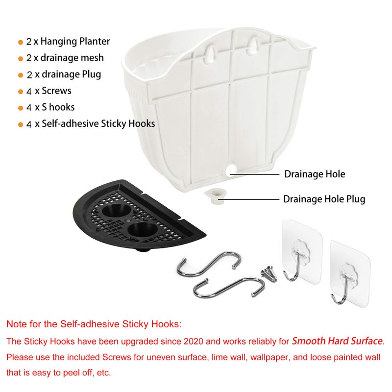 ORIMERC 2 Pack White Plastic Wall Hanging Planters for Indoor Plants Wall Hanging Plant Holder with Drainage Hole Balcony Planters Railing Hanging Pot Fence Vertical Living Wall Mount Decor with Hooks - Image 3