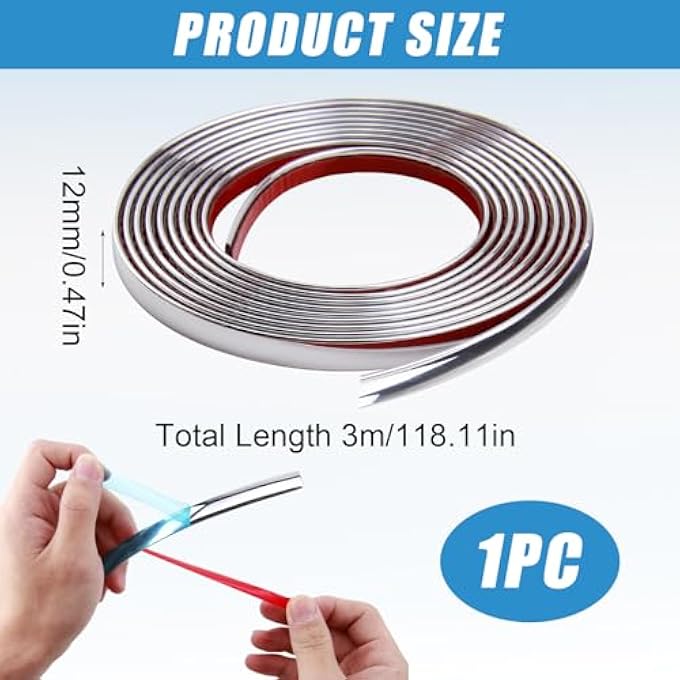 3 METERS WALL MOLDING TRIM 12MM SILVER EDGING SELF ADHESIVE MOULDING STRIP METAL-LIKE ELECTROPLATED BRIGHT SILVER TAPE FOR CEILING WALLS PANELING MIRROR-LIKE FINISH DESIGN PEEL AND STICK ON 9.8FT - Image 3