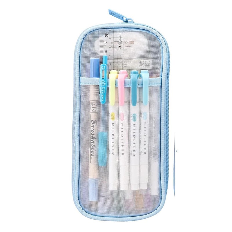 Water-Resistant Mesh Pencil Case with Zipper, Clear Grid Pencil Pouch for School, Office & Travel, 2 Compartments for Pens, Makeup, Art Supplies - Lightweight, Transparent (Blue)