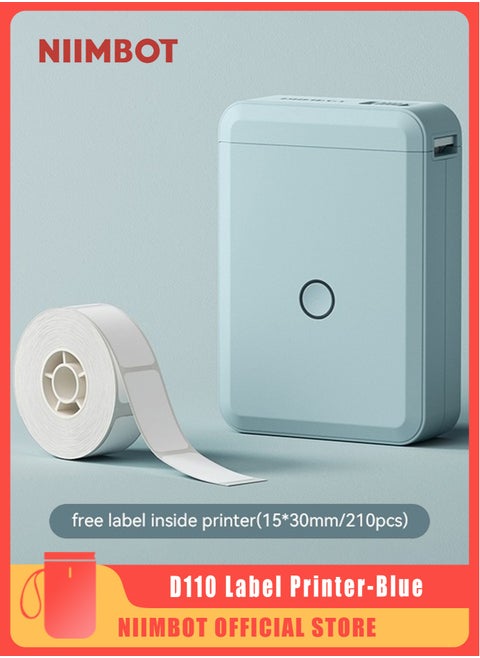 D110 Label Printer Thermal Label Maker Machine with 1 Roll 15mm*30mm White Tape, Portable Mini Wireless Bluetooth Sticker Printer for Phone Easy to Use for School Office Home Organization Rechargeable Use, Mobile Phone Editable, Printable Width 10-15mm, Blue
