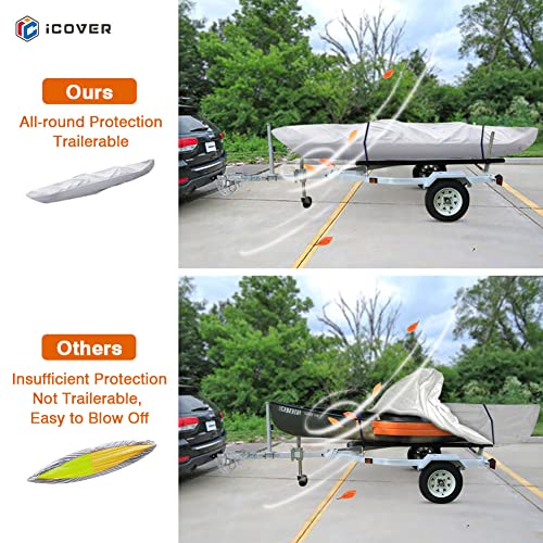 iCover i COVER 13ft Kayak Cover- Water Proof 600D Heavy Duty Kayaks/Canoe Covers Fits Canoes or Paddleboards up to 13ft Long and Beam Width up to 30in, Grey - Image 3