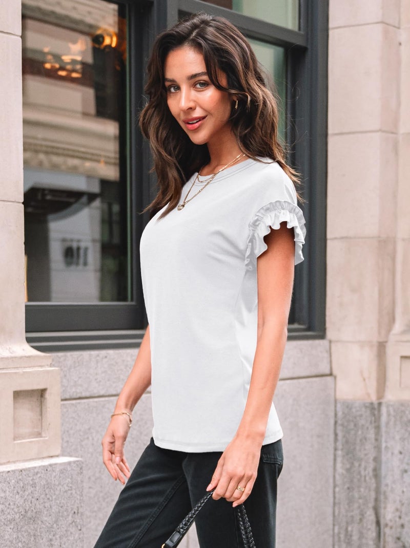 AUTOMET Womens Summer Short Sleeve Tops Trendy Business Casual Tshirts 2026 Cute Dressy Ruffle Crewneck Fashion Work Outfits White M - Image 3