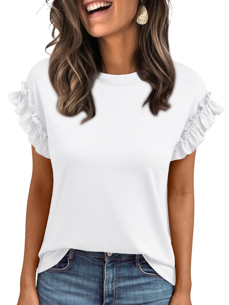 AUTOMET Womens Summer Short Sleeve Tops Trendy Business Casual Tshirts 2026 Cute Dressy Ruffle Crewneck Fashion Work Outfits White M - Image 1