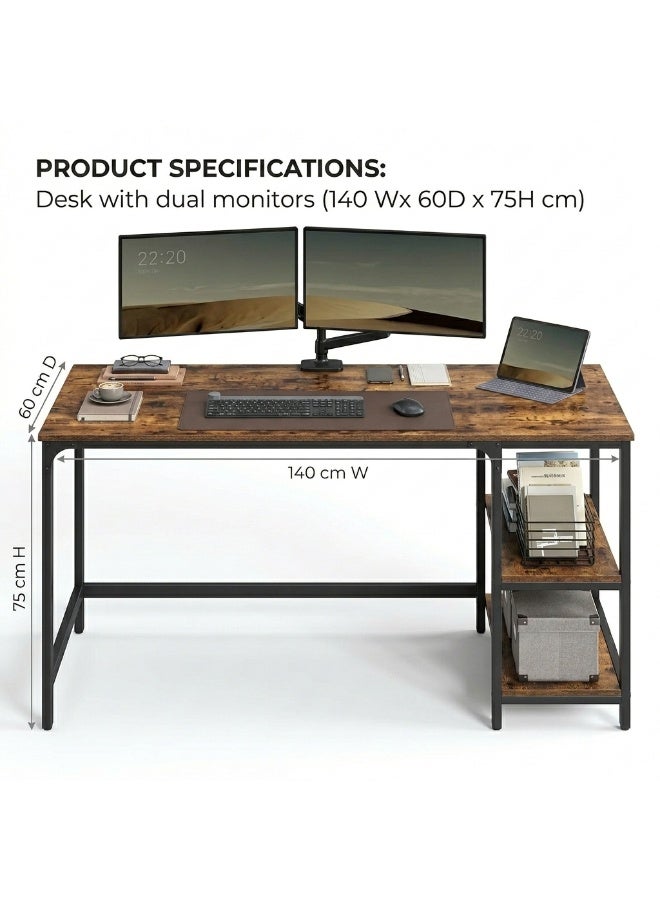Industrial Computer Desk with 2 Adjustable Shelves, Rust Brown Top & Black Steel Frame, 140x60x75 cm - Image 2