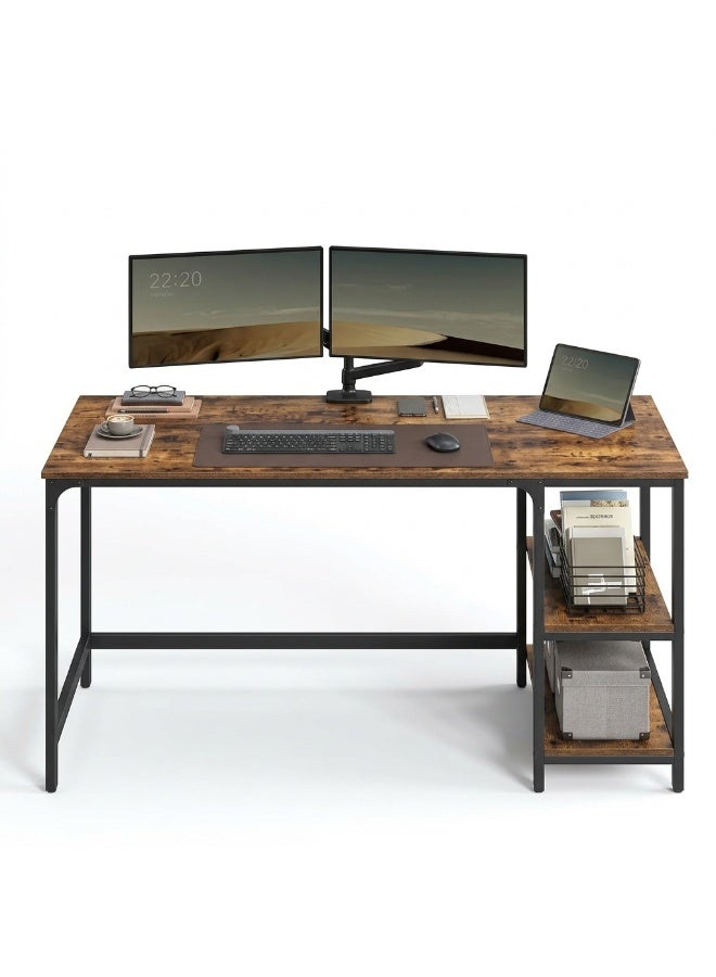 Industrial Computer Desk with 2 Adjustable Shelves, Rust Brown Top & Black Steel Frame, 140x60x75 cm - Image 3