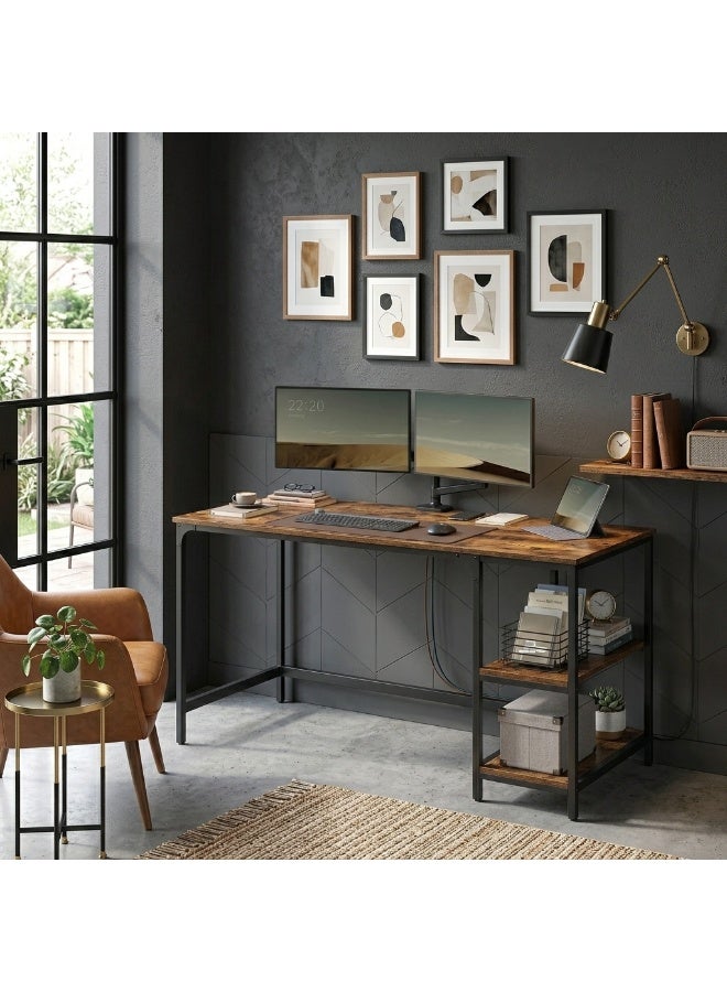 Industrial Computer Desk with 2 Adjustable Shelves, Rust Brown Top & Black Steel Frame, 140x60x75 cm - Image 1