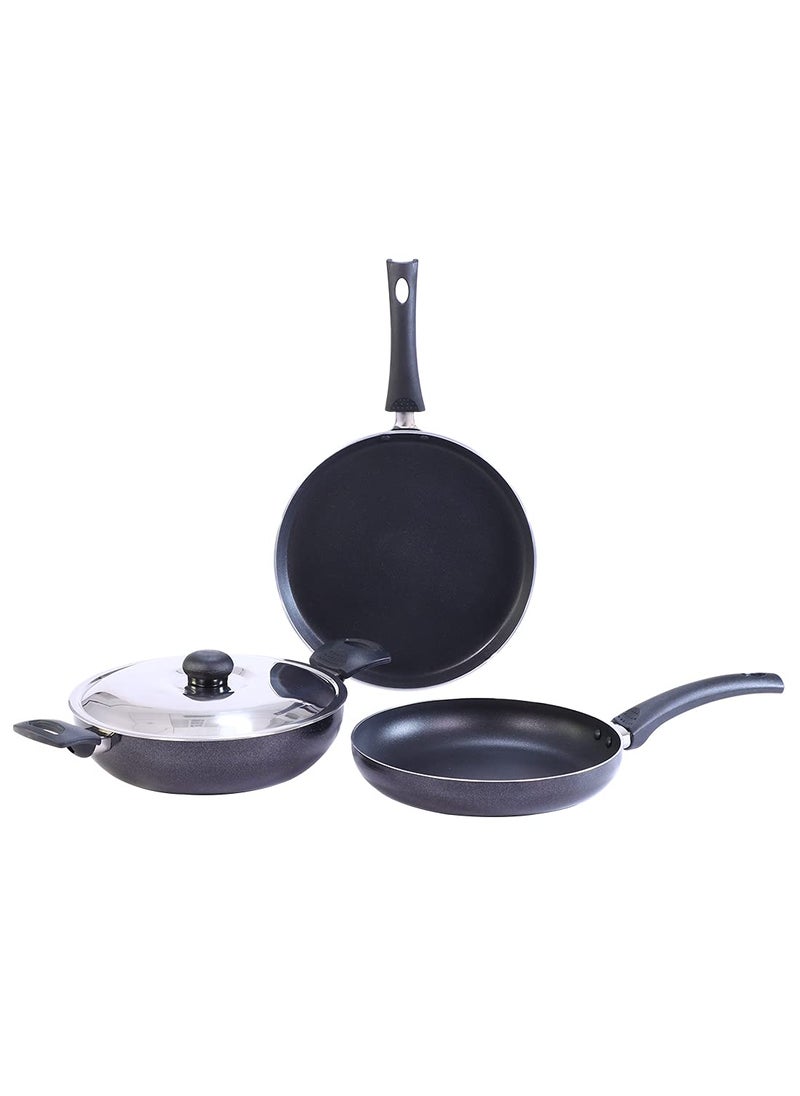 Wonderchef - Wonderchef Platinum Plus Non-Stick Cookware Set Of 4|Kadhai With Glass Lid 24Cm,Fry Pan 24Cm&Dosa Tawa 25Cm|Cool-Touch Bakelite Handle|Pure Grade Aluminium|Pfoa Free|1 Year Warranty|Black - Image 1