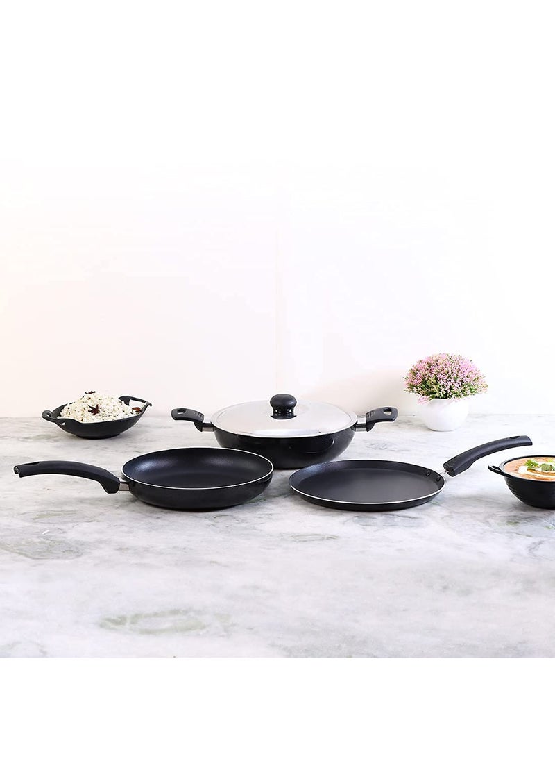 Wonderchef - Wonderchef Platinum Plus Non-Stick Cookware Set Of 4|Kadhai With Glass Lid 24Cm,Fry Pan 24Cm&Dosa Tawa 25Cm|Cool-Touch Bakelite Handle|Pure Grade Aluminium|Pfoa Free|1 Year Warranty|Black - Image 1